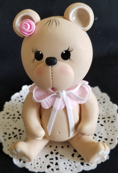 Pink Bear Cake Topper Pink Bear Cake Decorations Teddy Bear with Pink Bib Bear Cake Topper - Cake Toppers Boutique