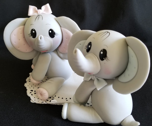 Elephant Cake Topper Gray Elephant with Blue Or Pink Decorations Baby Elephant Cake Topper - Cake Toppers Boutique