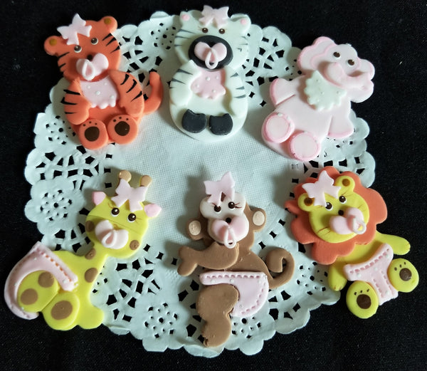 Elephant Giraffe Monkey Zebra Tiger Lion Cupcake Topper Baby Animals Cake Decoration Blue or Pink - Cake Toppers Boutique