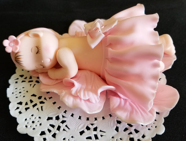 Baby Ballerina Cake Decoration, Baby Girl Cake Topper, Baby Sleeping on Pink Flower Petals - Cake Toppers Boutique