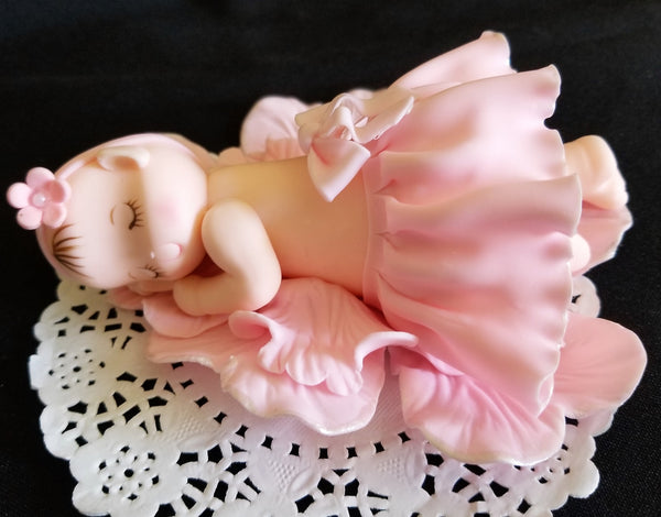 Baby Ballerina Cake Decoration, Baby Girl Cake Topper, Baby Sleeping on Pink Flower Petals - Cake Toppers Boutique