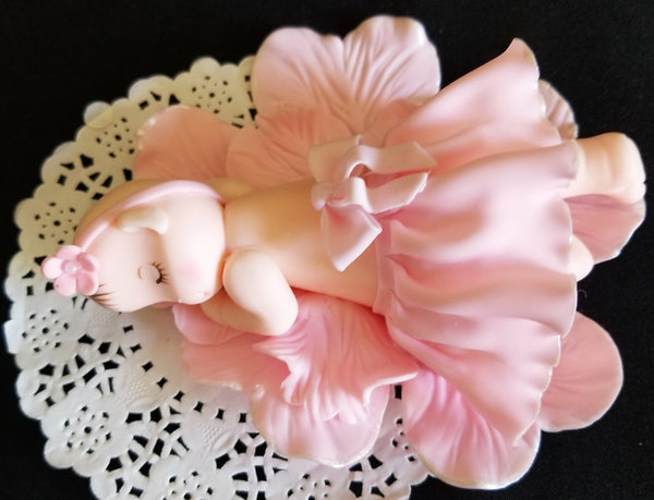 Baby Ballerina Cake Decoration, Baby Girl Cake Topper, Baby Sleeping on Pink Flower Petals - Cake Toppers Boutique