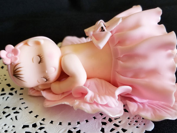 Baby Ballerina Cake Decoration, Baby Girl Cake Topper, Baby Sleeping on Pink Flower Petals - Cake Toppers Boutique