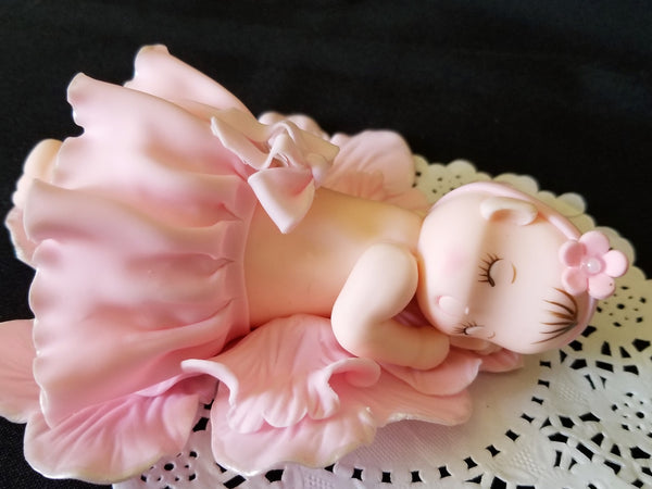 Baby Ballerina Cake Decoration, Baby Girl Cake Topper, Baby Sleeping on Pink Flower Petals - Cake Toppers Boutique