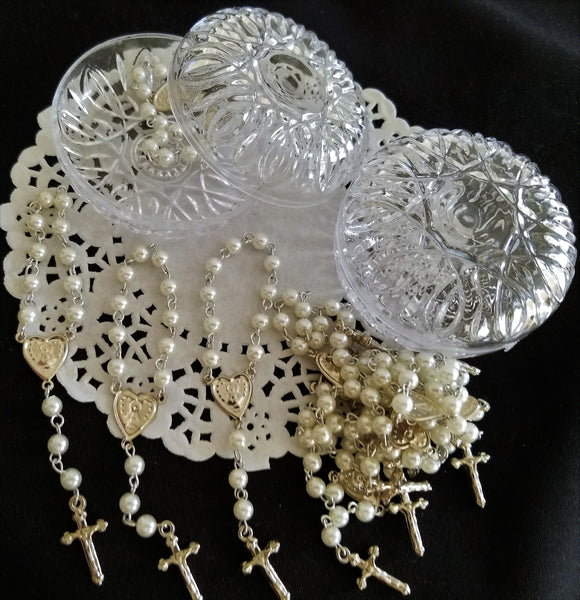 12 Silver Rosaries, Baptism Rosaries Favors, White Pearl Rosaries Favors - Cake Toppers Boutique