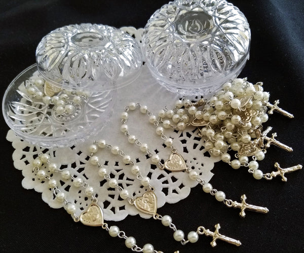 12 Silver Rosaries, Baptism Rosaries Favors, White Pearl Rosaries Favors - Cake Toppers Boutique