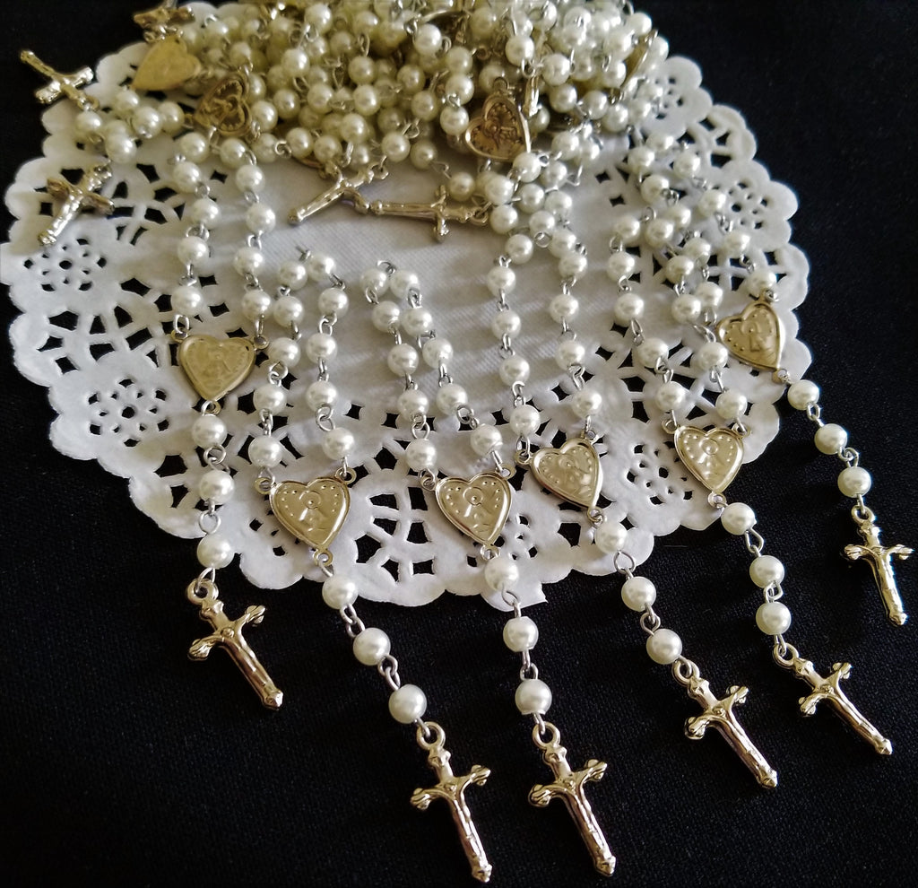 24 Pieces Baptism Mini Rosary Favors Pearl Beads First Communion Recuerdos  De Bautizo Christening Gift With Bags 