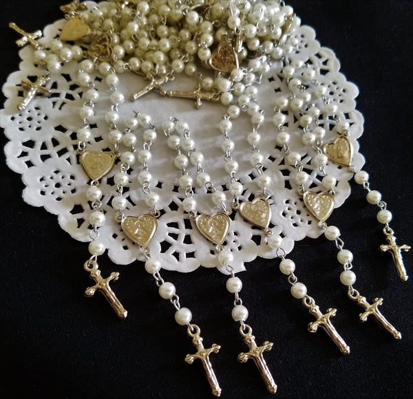 Pearl Rosaries, White Pearl Rosary, Recuerditos de Bautizo 24 pc - Cake Toppers Boutique