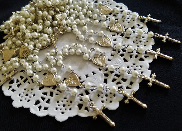 Pearl Rosaries, White Pearl Rosary, Recuerditos de Bautizo 24 pc - Cake Toppers Boutique