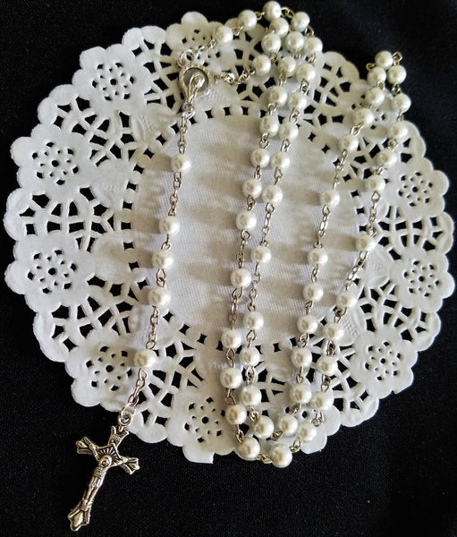 Silver Rosary with White Beads First Communion or Baptism Rosaries - Cake Toppers Boutique