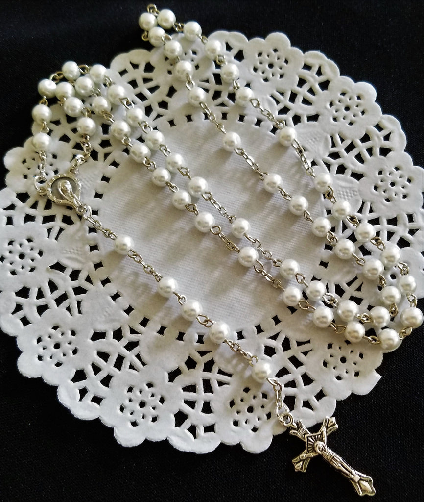 Silver Rosary with White Beads First Communion or Baptism Rosaries - Cake Toppers Boutique