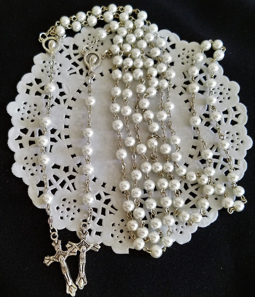 Silver Rosary with White Beads First Communion or Baptism Rosaries - Cake Toppers Boutique