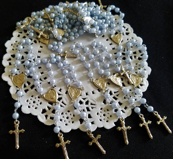 Pearl Rosaries, White Pearl Rosary, Recuerditos de Bautizo 24 pc - Cake Toppers Boutique