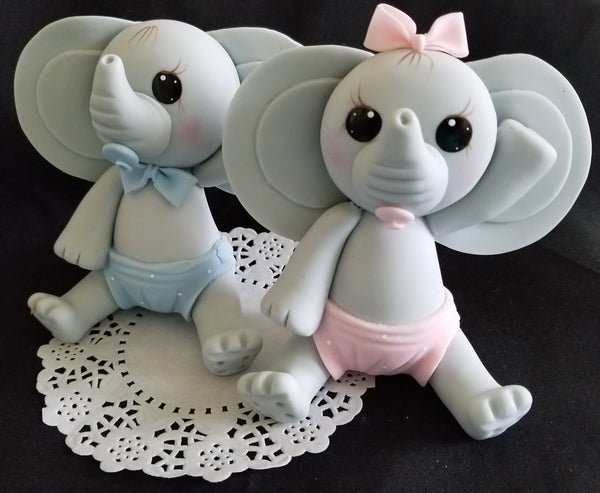 Elephant Cake Topper in  Gray with Pink or Blue Baby Elephant For Cake & Centerpieces - Cake Toppers Boutique