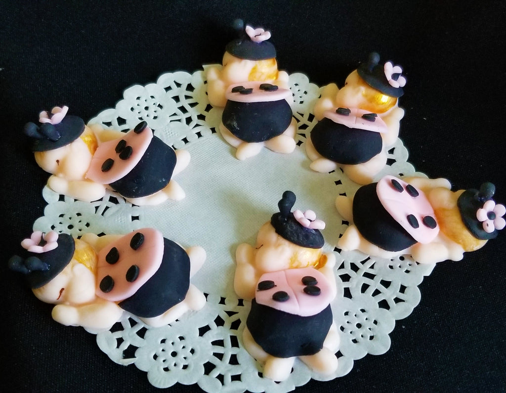 Lady Bug Babies Cupcake Toppers Pink and Black Lady Bug Corsage Figurines Lady Bug Baby Shower - Cake Toppers Boutique