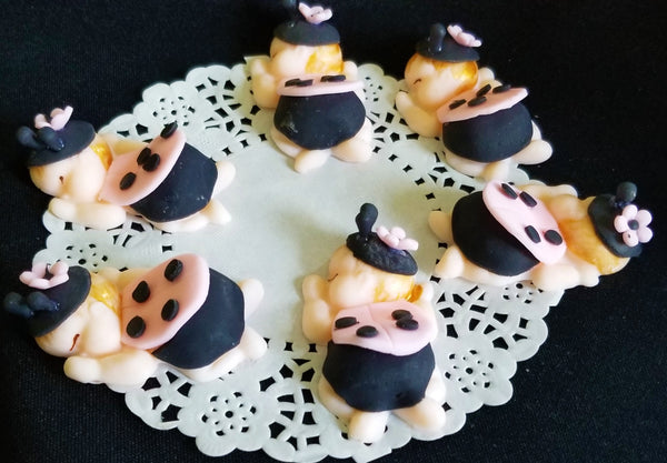 Lady Bug Babies Cupcake Toppers Pink and Black Lady Bug Corsage Figurines Lady Bug Baby Shower - Cake Toppers Boutique