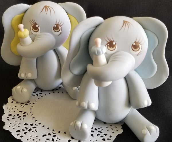 Elephant Cake Topper in Gray with Pink, Yellow or Blue Decoration, Baby Elephant - Cake Toppers Boutique