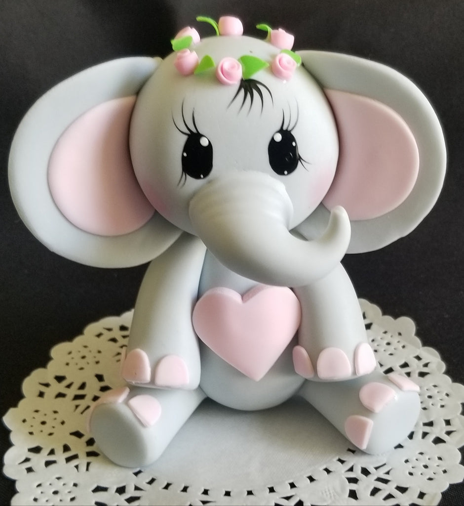 Elephant Cake Topper Baby Shower Elephant in Gray and Pink With Crown - Cake Toppers Boutique