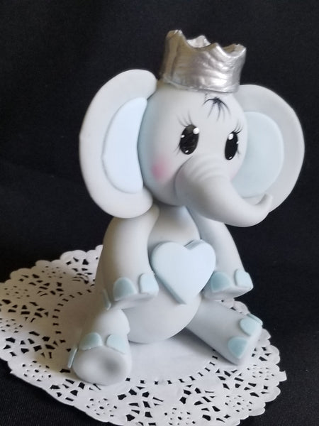 Prince or Princess Elephant Cake Decoration with Gold or Silver Crown a Blue or Pink Heart
