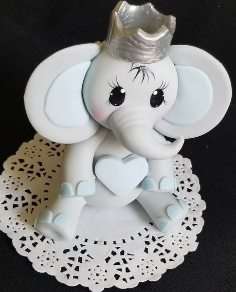 Prince or Princess Elephant Cake Decoration with Gold or Silver Crown a Blue or Pink Heart