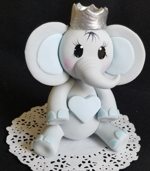 Prince or Princess Elephant Cake Decoration with Gold or Silver Crown a Blue or Pink Heart