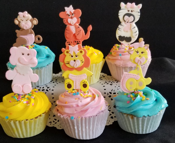 Elephant Giraffe Monkey Zebra Tiger Lion Cupcake Topper Baby Animals Cake Decoration Blue or Pink - Cake Toppers Boutique