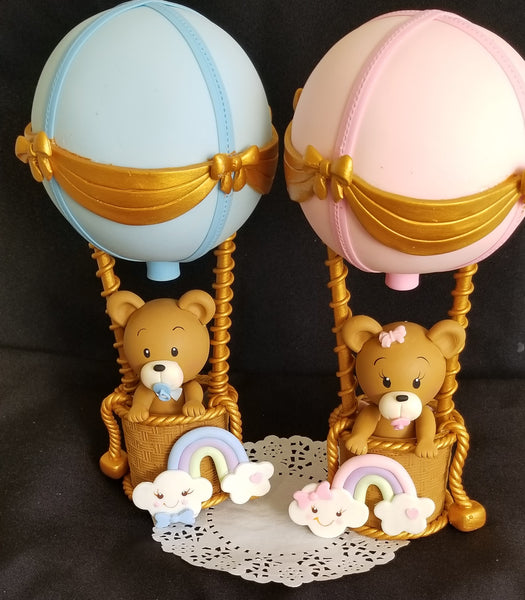 Air Balloon Bear Cake Topper and Centerpiece Decoration for Boy or Girl Showers and Birthdays