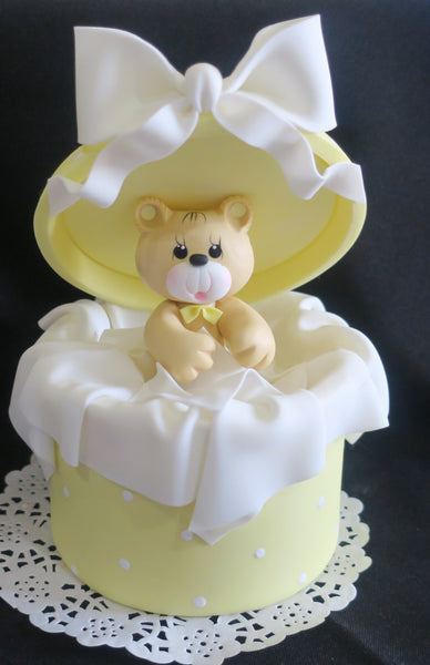 Baby Bear Shower Cake Topper Bear in a Surprise Box Pink, Yellow or Blue Cake Decorations - Cake Toppers Boutique