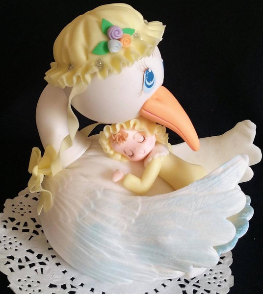 Stork Cake Decoration Stork with Baby Girl or Boy Cake Topper Stork Centerpiece in Blue Yellow or Pink - Cake Toppers Boutique