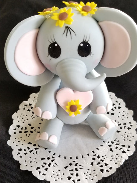 Elephant Cake Topper Baby Shower Elephant in Gray With Sunflower Crown