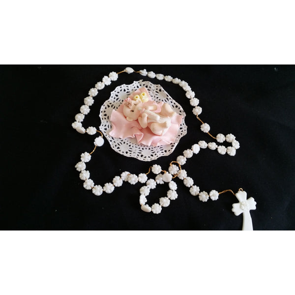 White Rosary and Baby Cake Topper Decoracion De Bautizo Flower Rosary - Cake Toppers Boutique