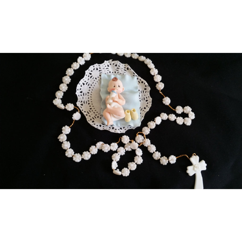 White Rosary and Baby Cake Topper Decoracion De Bautizo Flower Rosary - Cake Toppers Boutique