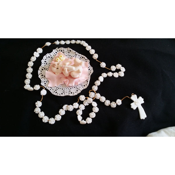 White Rosary and Baby Cake Topper Decoracion De Bautizo Flower Rosary - Cake Toppers Boutique
