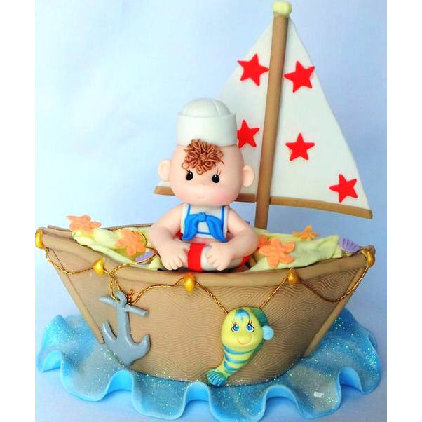 Sailor Baby Cake Topper Nautical Baby Shower Decoration Sailor On Boat in Blue, Pink or Brown Boat - Cake Toppers Boutique