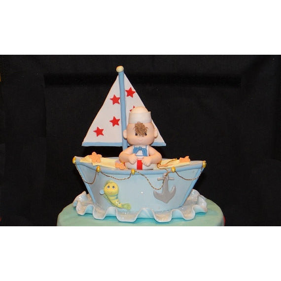 Sailor Baby Cake Topper Nautical Baby Shower Decoration Sailor On Boat in Blue, Pink or Brown Boat - Cake Toppers Boutique