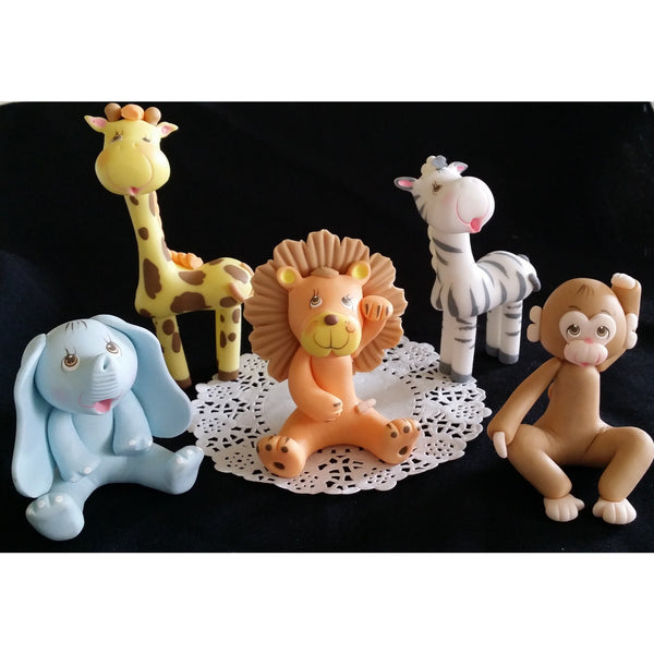 Jungle Cake Topper Safari Baby Zoo Animals Elephant Lion Giraffe Zebra Monkey Palm 6pcs - Cake Toppers Boutique