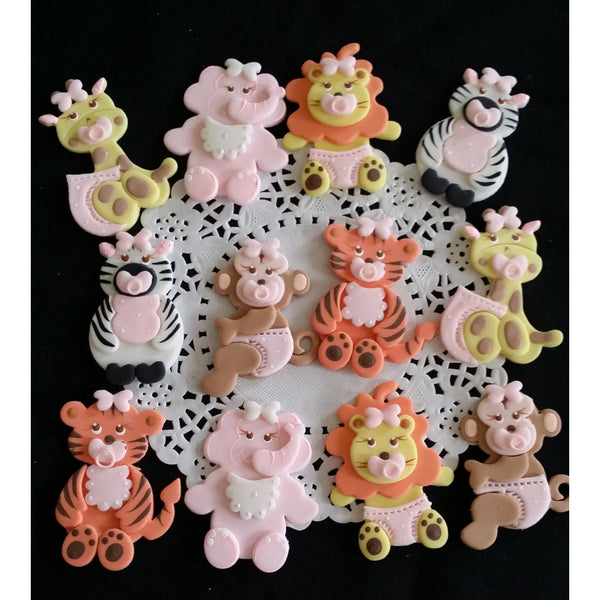 Elephant Giraffe Monkey Zebra Tiger Lion Cupcake Topper Baby Animals Cake Decoration Blue or Pink - Cake Toppers Boutique