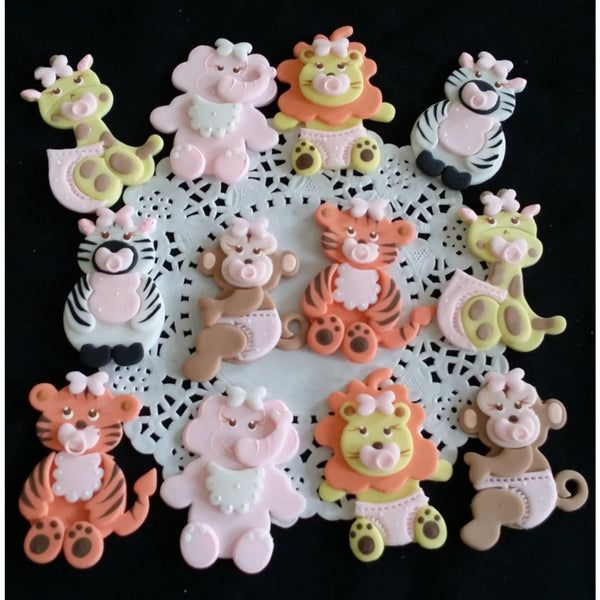 Elephant Giraffe Monkey Zebra Tiger Lion Cupcake Topper Baby Animals Cake Decoration Blue or Pink - Cake Toppers Boutique