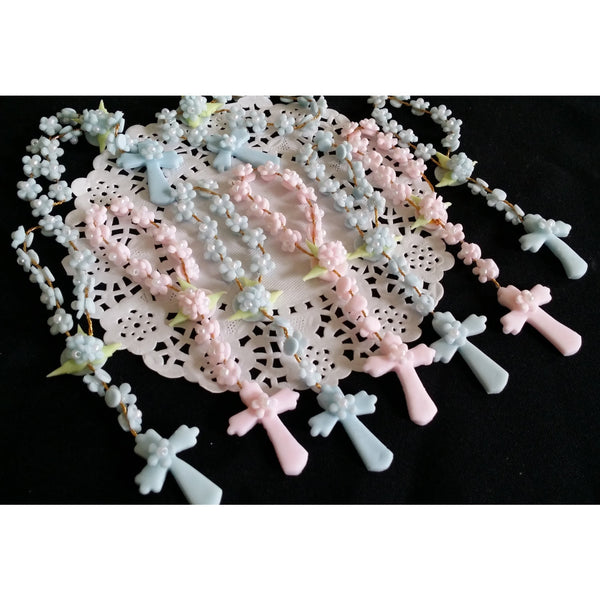 Flower Rosary Favors Mini Rosaries in White Blue or Pink First Communion and Baptism Favors 12pcs - Cake Toppers Boutique