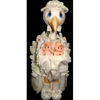 Mommy Stork with Twins Babies Cake Topper Baby Shower Stork in Blue White or Pink - Cake Toppers Boutique
