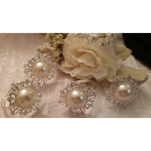 Wedding Favor, Wedding Accessories, Wedding Napkin Ring Pearl Center Rhinestone, Silver Brooch Napkin Ring, Rhinestone Wedding Decorations - Cake Toppers Boutique