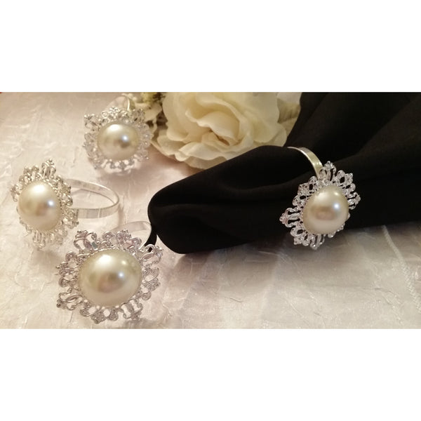 Wedding Favor, Wedding Accessories, Wedding Napkin Ring Pearl Center Rhinestone, Silver Brooch Napkin Ring, Rhinestone Wedding Decorations - Cake Toppers Boutique