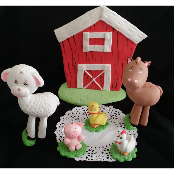 Red Farm House Birthday Cake Topper Barnyard Bash Decorations Farm Cute Animals 6pcs - Cake Toppers Boutique